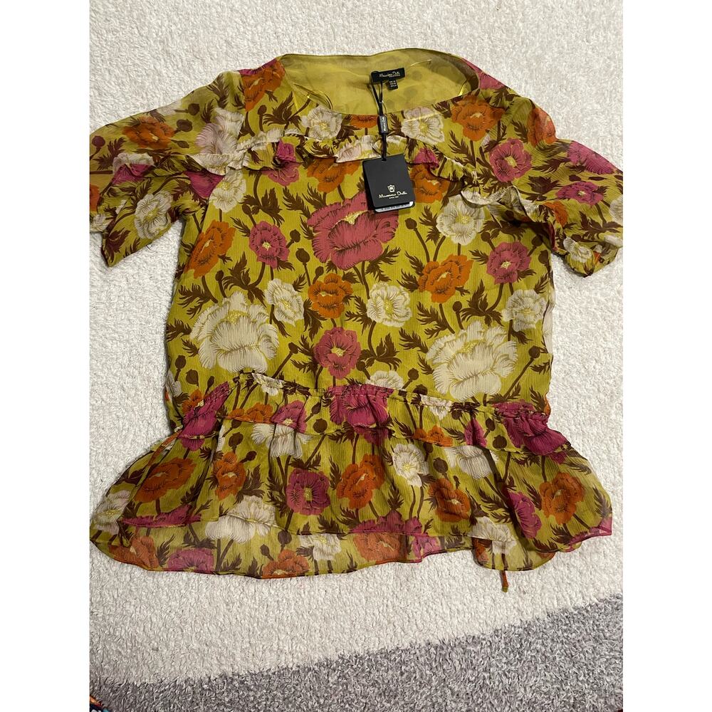 NWT Massimo Dutti Women's Sz 4 Floral Ruffle Mulberry Silk Blouse Top Multicolor